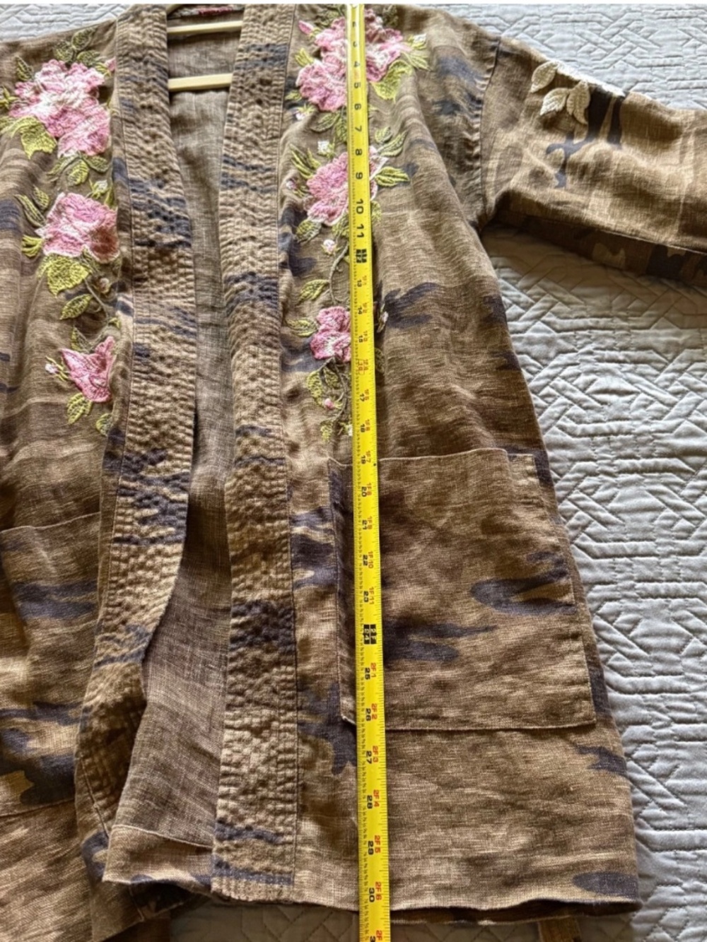 Johnny Was Flora Camo Embroidered Kimono Duster Belted Linen Boho - Picture 14 of 15